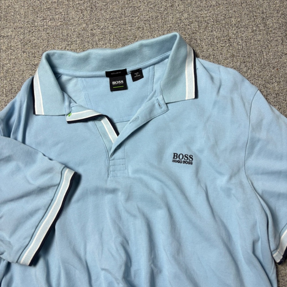 Hugo Boss Polo Shirt Mens XXL Regular Fit Light Blue Embroidered Logo Tipped